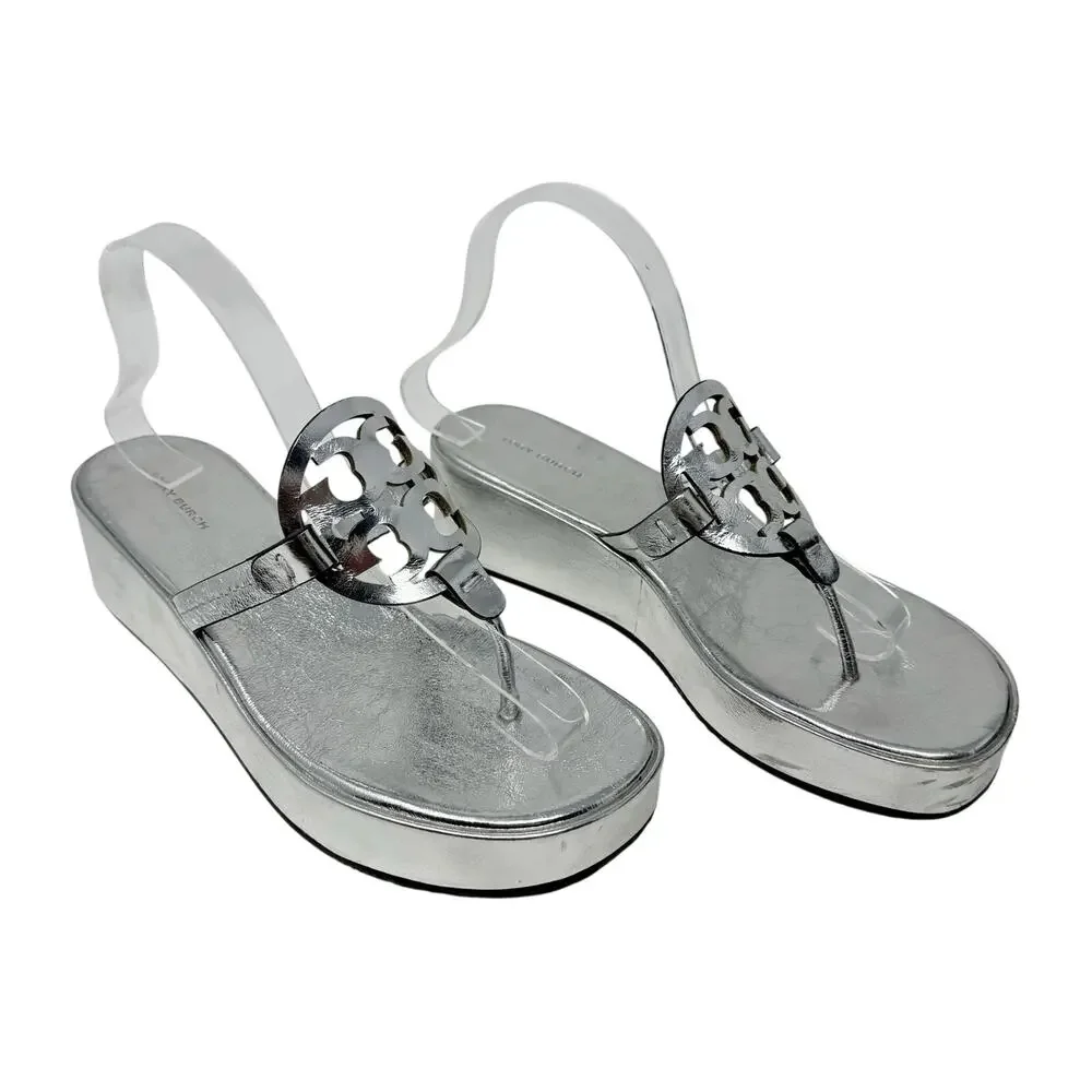 Tory Burch Miller Silver Metallic Leather Platform Wedge Sandals Logo Thong 9